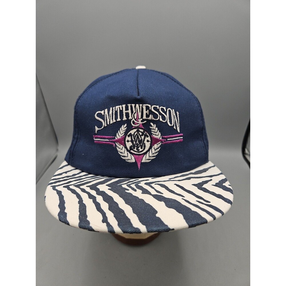 Smith & Wesson vintage Embroidered Logo blue white Zebra Print Bill Cap Hat
